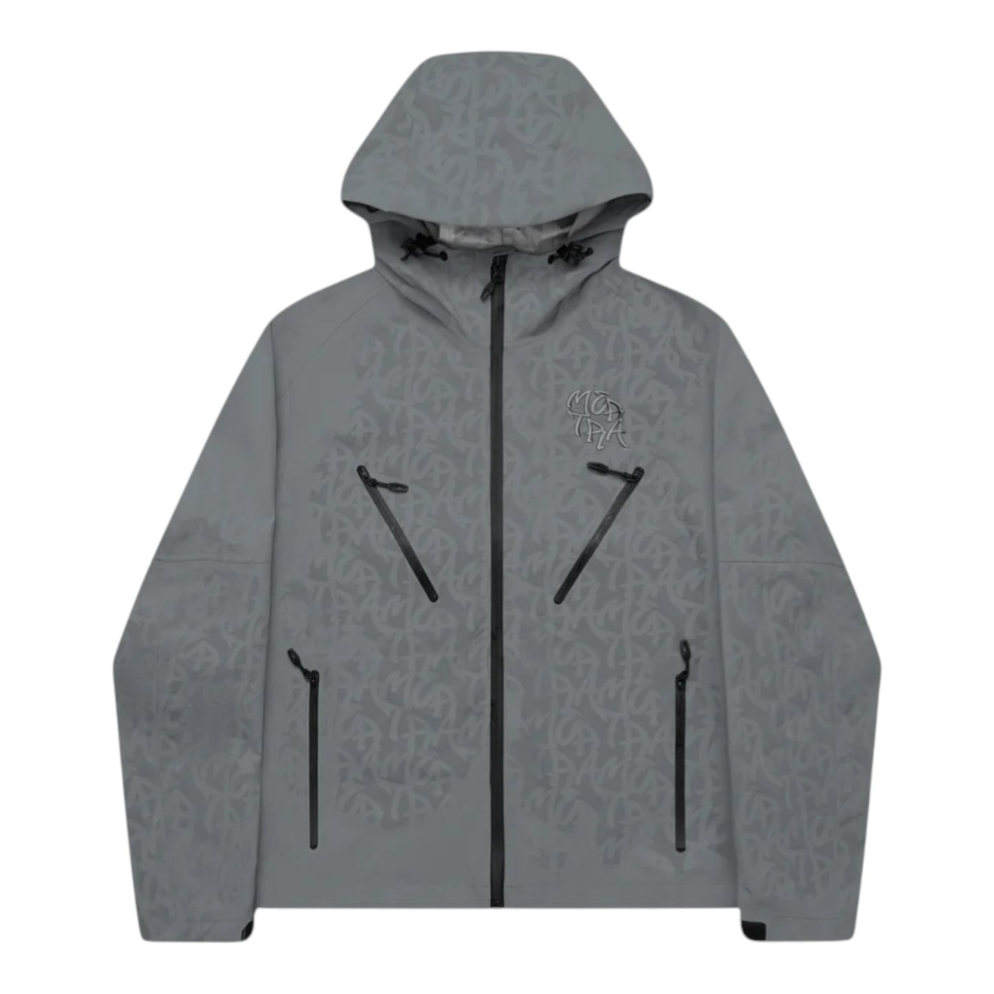OFFCODE.USA grey Nylon Taslan monogram shell jacket with waterproof features and multiple zip pockets.