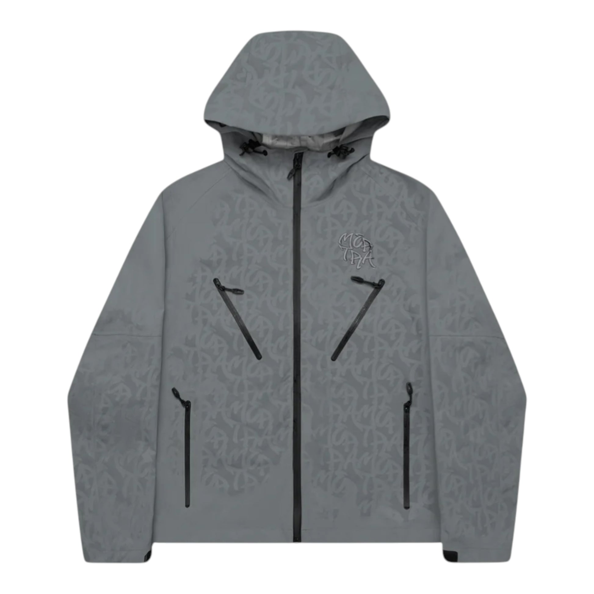 OFFCODE.USA grey Nylon Taslan monogram shell jacket with waterproof features and multiple zip pockets.