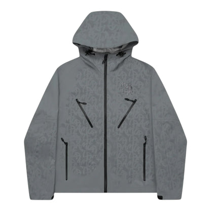 OFFCODE.USA grey Nylon Taslan monogram shell jacket with waterproof features and multiple zip pockets.