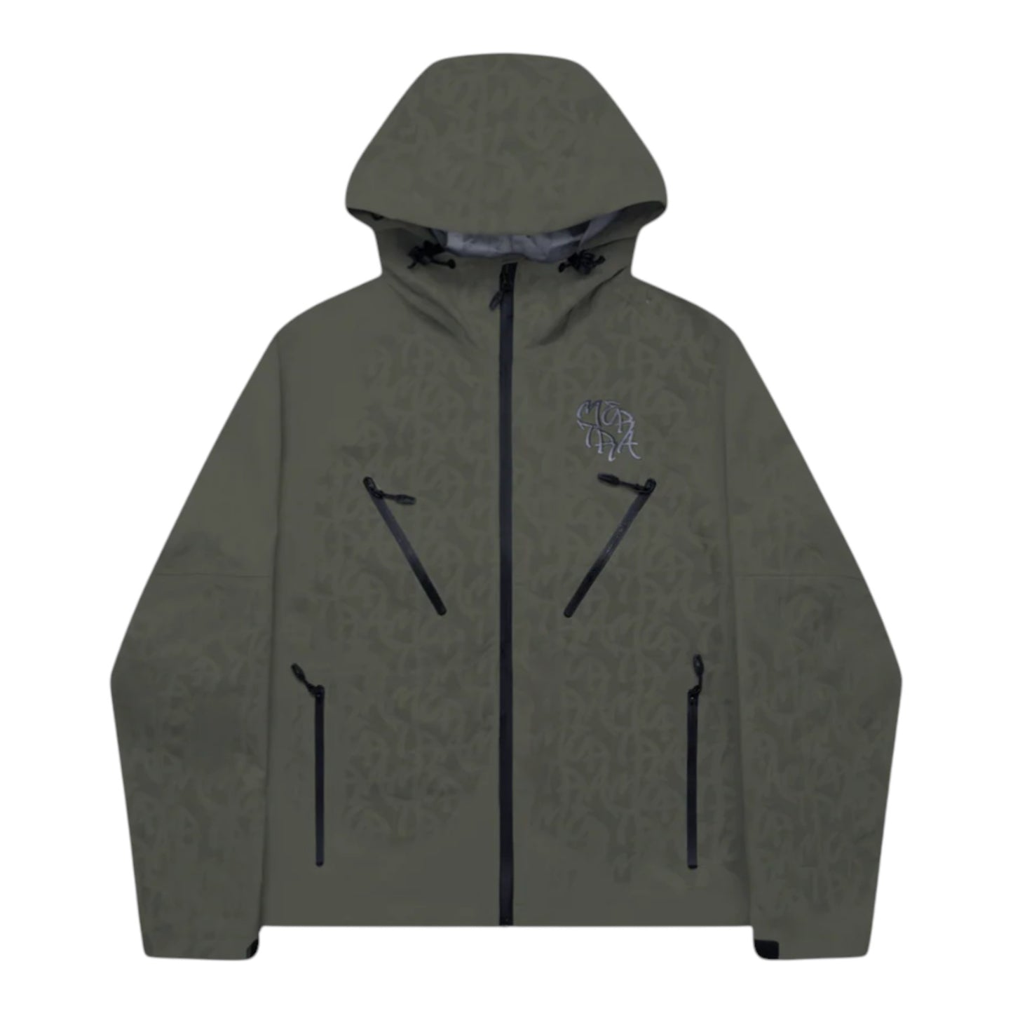OFFCODE.USA Monogram Shell Jacket in olive green nylon taslan with waterproof membrane, seam taped, and 3D logos.