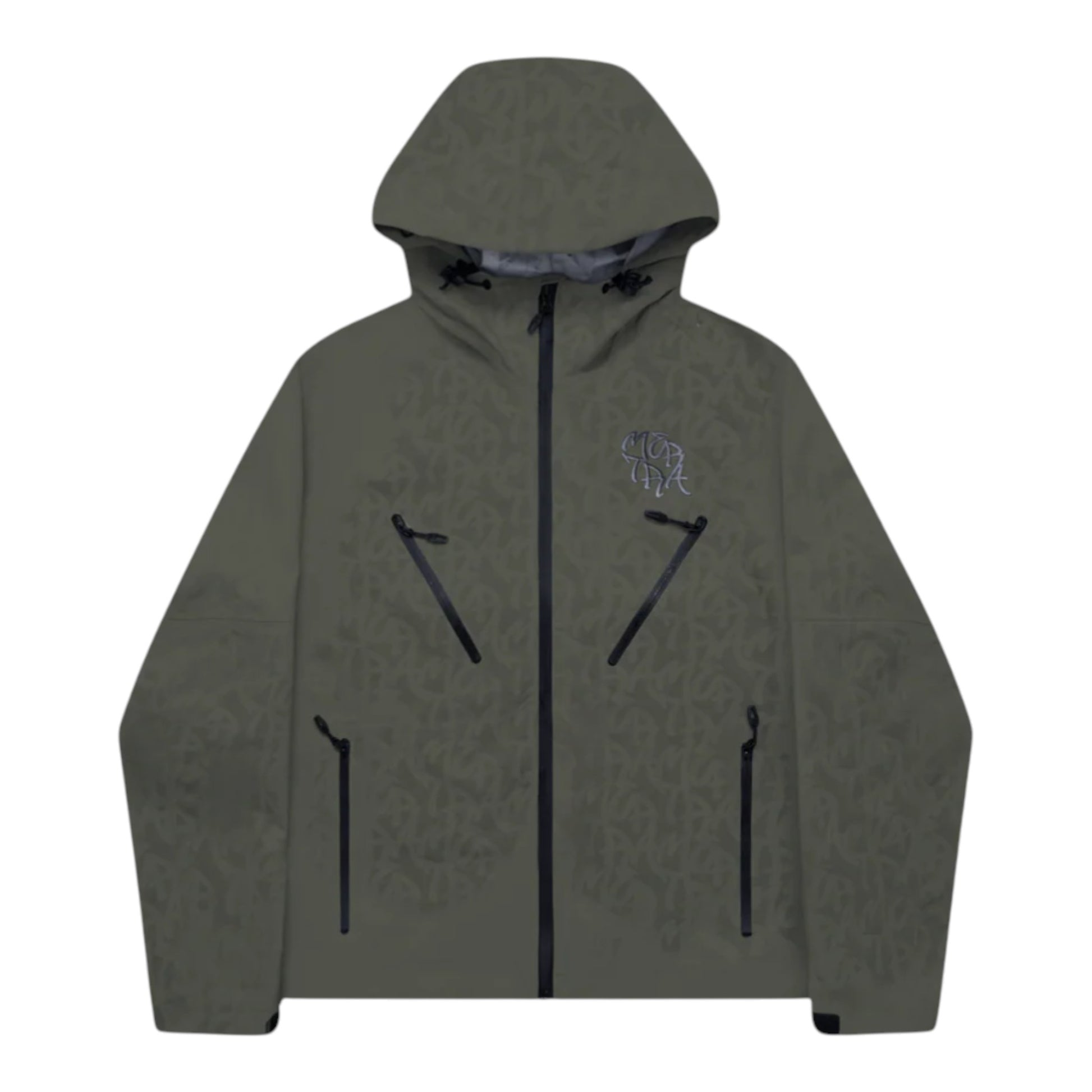 OFFCODE.USA Monogram Shell Jacket in olive green nylon taslan with waterproof membrane, seam taped, and 3D logos.