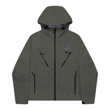 OFFCODE.USA Monogram Shell Jacket in olive green nylon taslan with waterproof membrane, seam taped, and 3D logos.