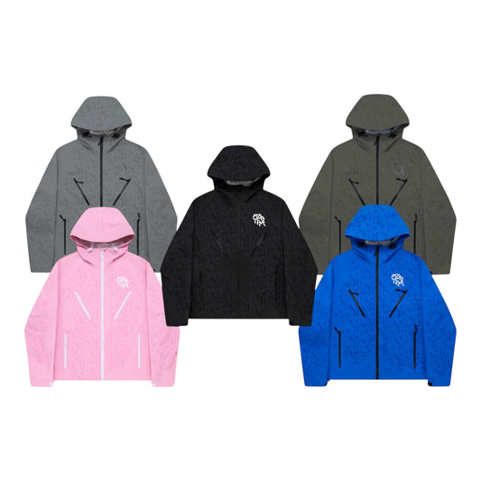 OFFCODE.USA Monogram Shell Jacket in pink, black, grey, olive green, and blue. Waterproof nylon taslan with subtle monogram pattern.
