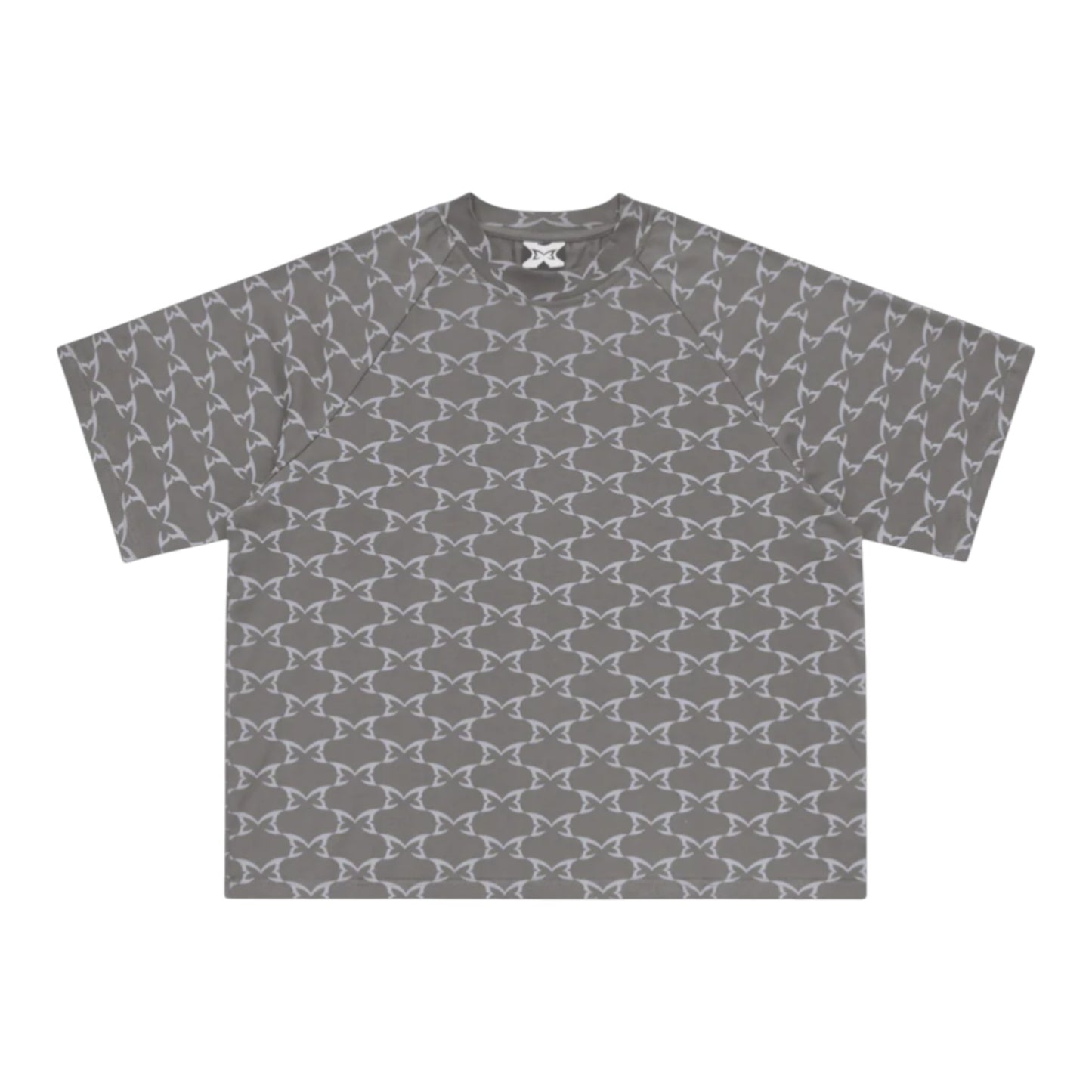 OFFCODE.USA grey 100% cotton monogram tee with boxy fit and embroidered graphic on back.