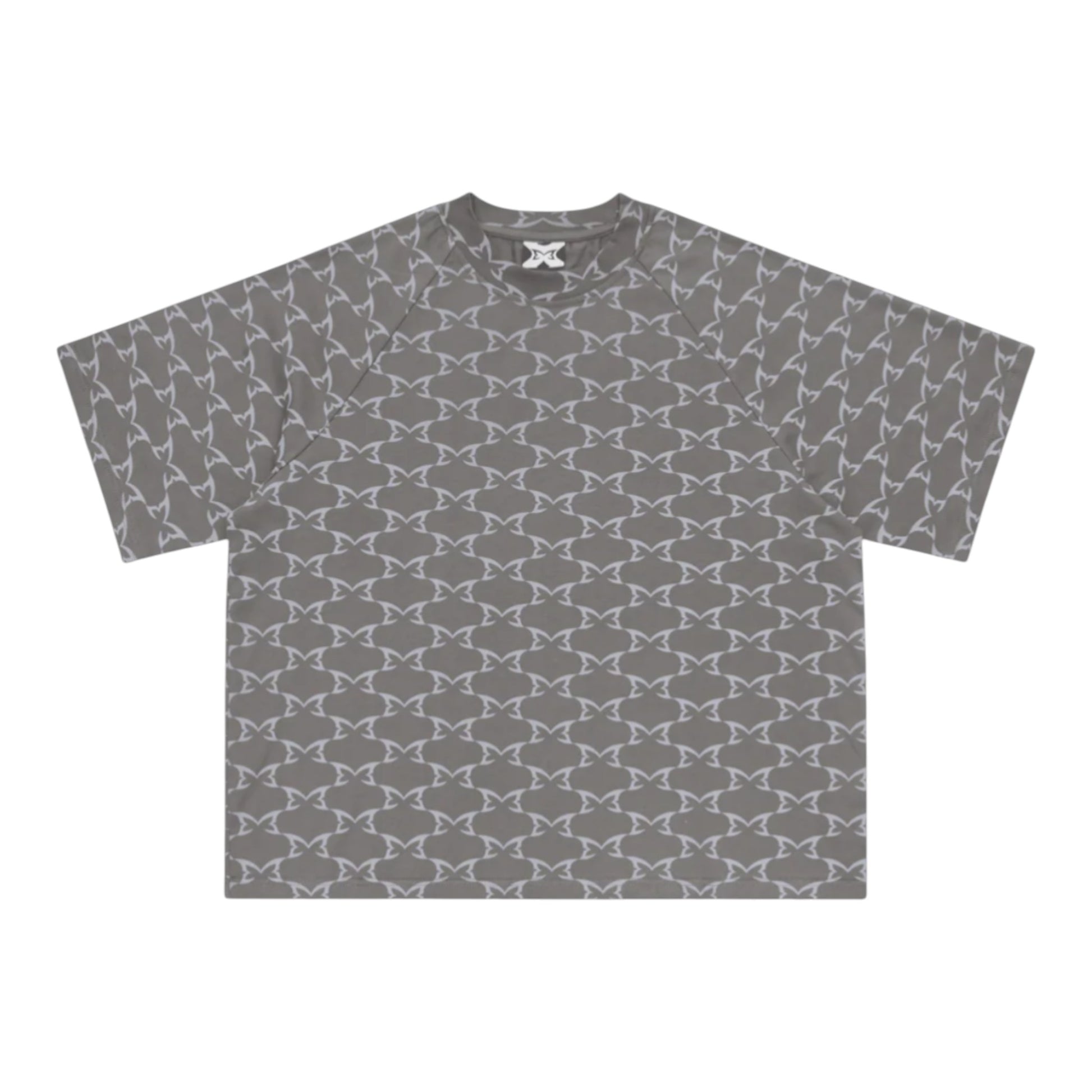 OFFCODE.USA grey 100% cotton monogram tee with boxy fit and embroidered graphic on back.