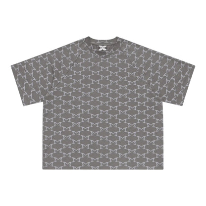 OFFCODE.USA grey 100% cotton monogram tee with boxy fit and embroidered graphic on back.