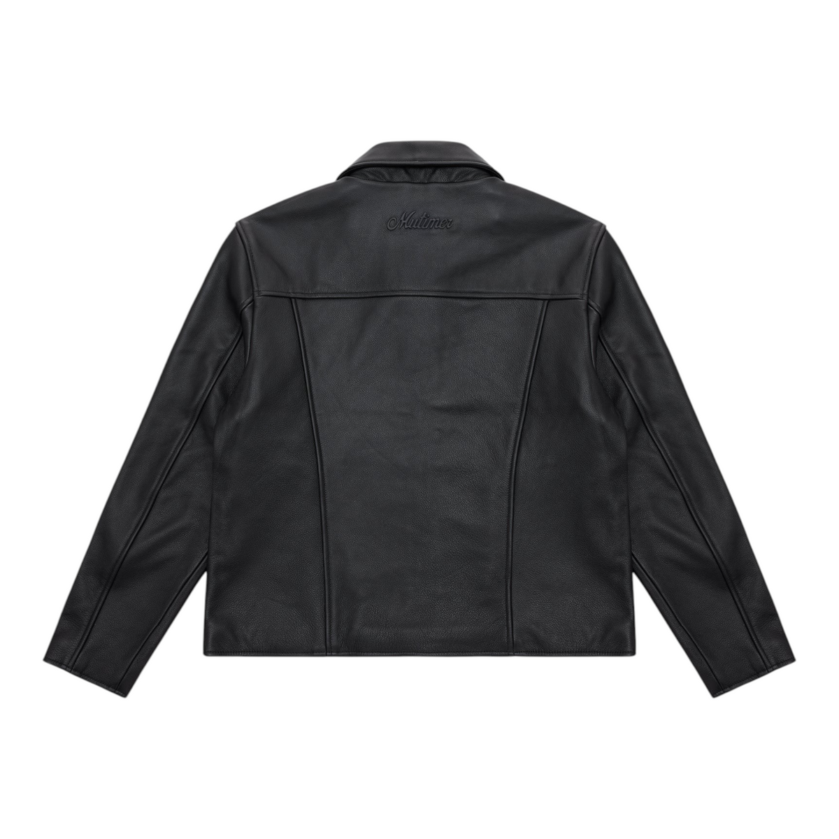 Back view of OFFCODE.USA Mutimer black leather blouson jacket featuring a three-panel design and embossed logo.