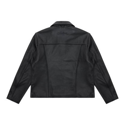 Back view of OFFCODE.USA Mutimer black leather blouson jacket featuring a three-panel design and embossed logo.