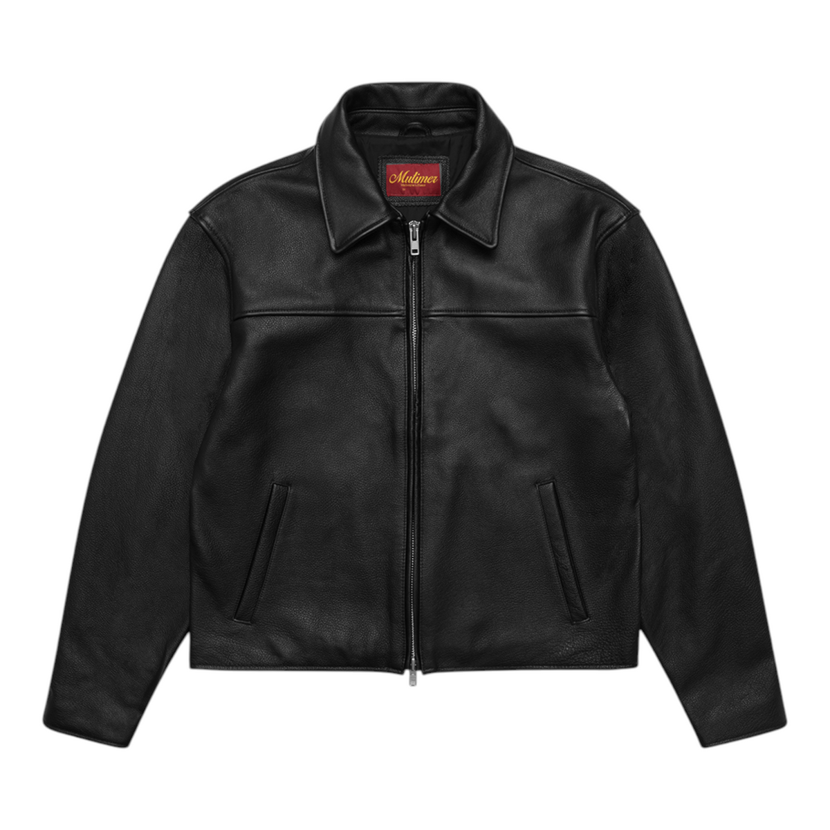 OFFCODE.USA Mutimer black leather blouson jacket with a pointed spread collar, front zip, and angled welt pockets.