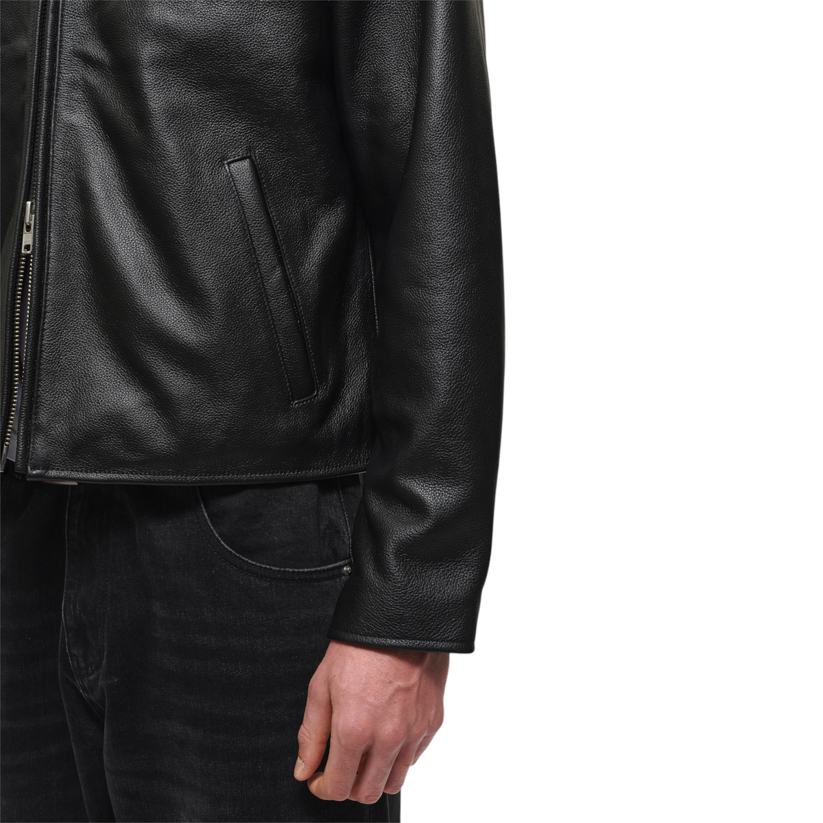 OFFCODE.USA Mutimer black leather blouson jacket featuring a full-length zip and angled welt pocket detail.