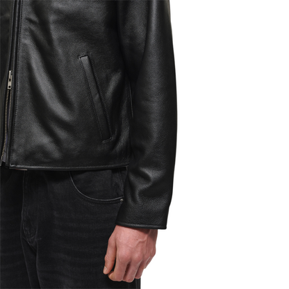 OFFCODE.USA Mutimer black leather blouson jacket featuring a full-length zip and angled welt pocket detail.