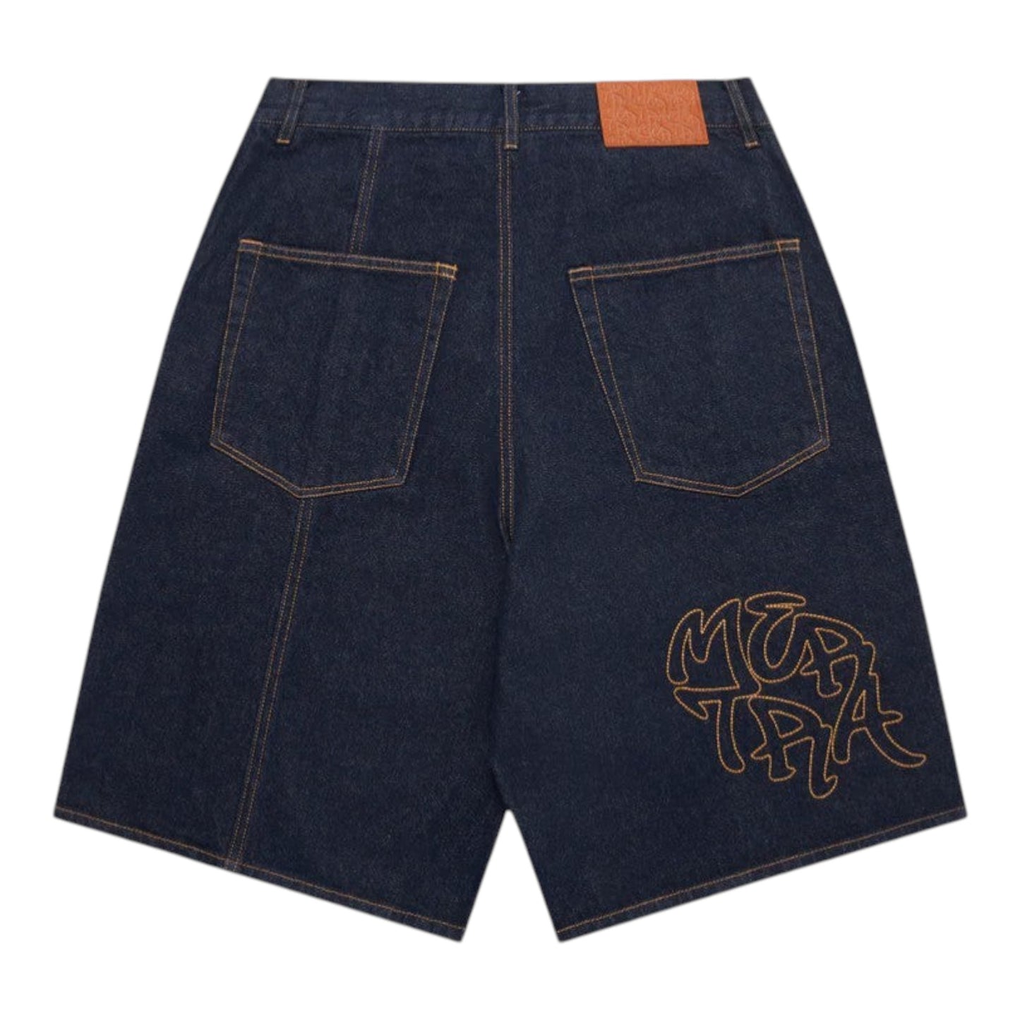 OFFCODE.USA navy blue raw cotton denim shorts with baggy wide leg fit, rice embroidered graphics, signature panelling, leather tab, and branded button.