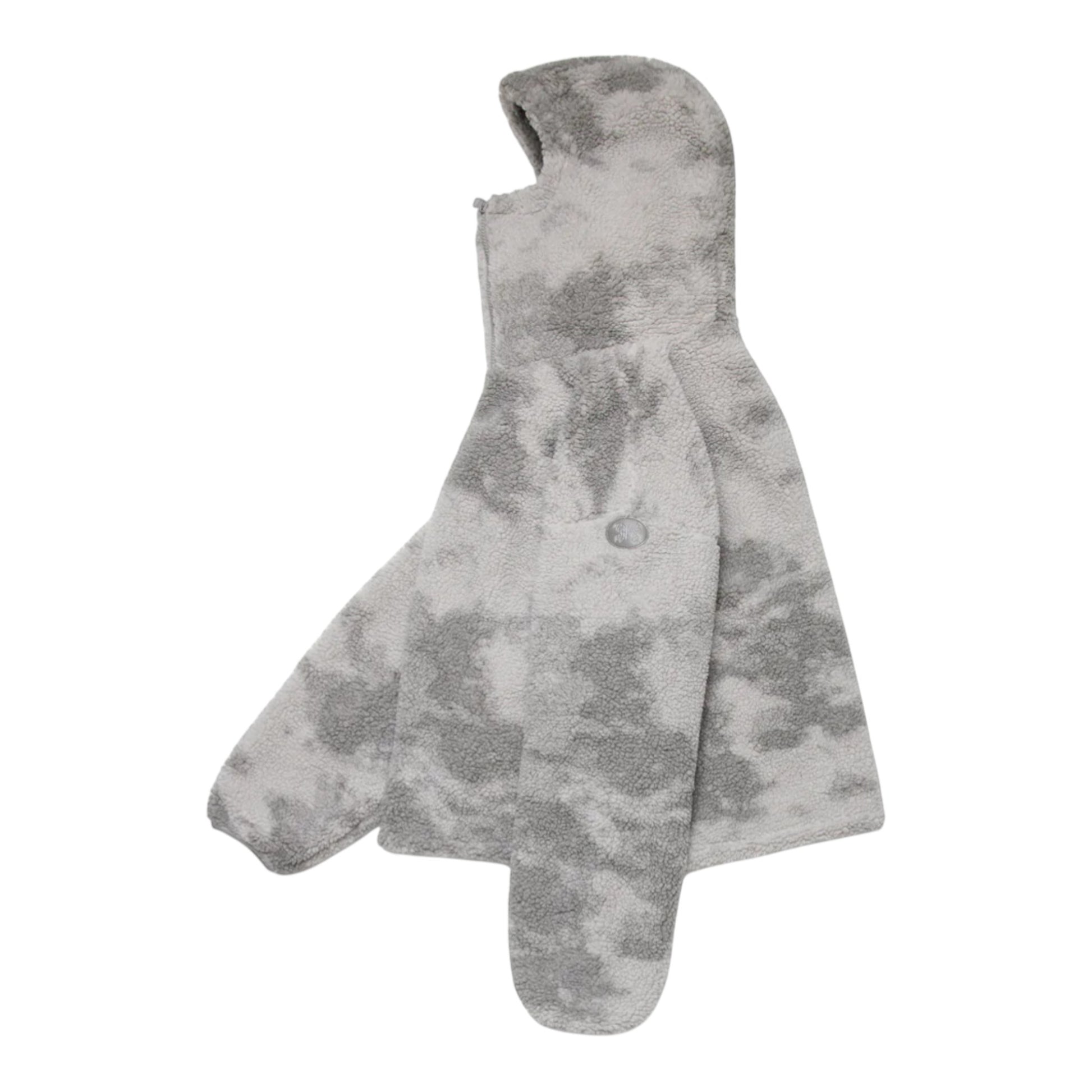 OFFCODE.USA Ninja Fleece jacket in wolf grey tie-dye pattern, made of soft fleece material with a hood.