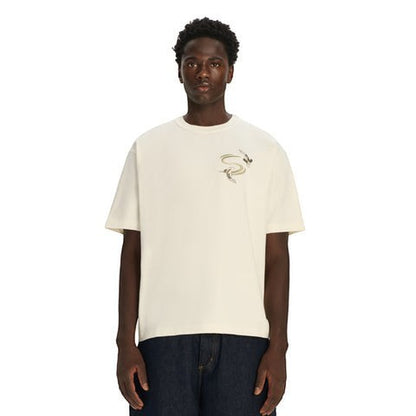 OFFCODE.USA off white 100% cotton t-shirt with embroidered koi design on front and print on back.