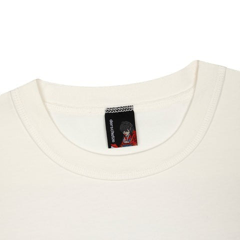 OFFCODE.USA off white 100% cotton t-shirt with embroidery on front and print on back. Model wears size L.