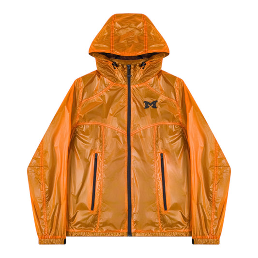 OFFCODE.USA orange translucent nylon jacket with mesh lining, hood toggles, and applique logo.