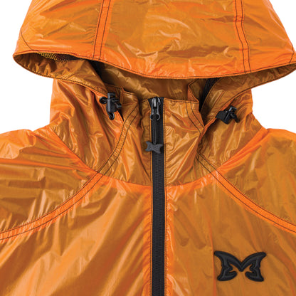 OFFCODE.USA orange translucent nylon jacket with mesh lining, hood toggles, and applique logo.