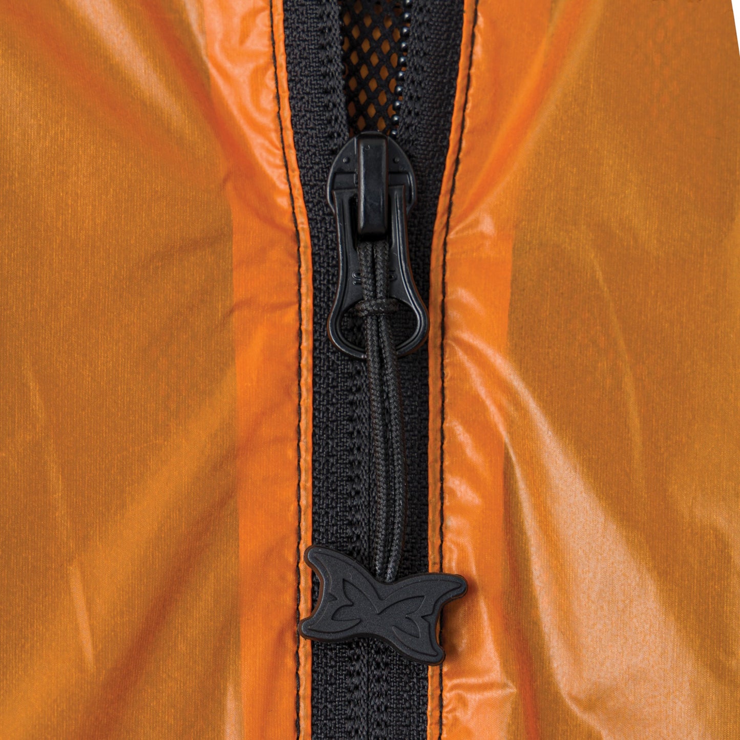 OFFCODE.USA orange translucent nylon jacket with black zipper, mesh lining, and applique logo zipper pull.