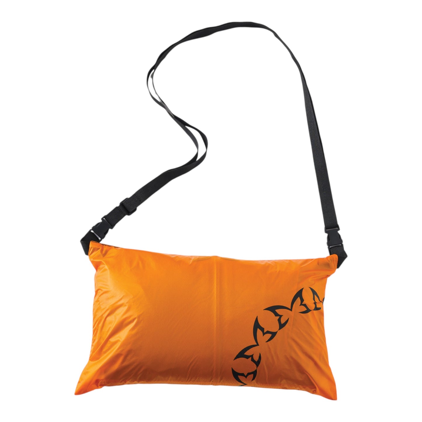 OFFCODE.USA orange translucent nylon packable jacket with black applique logos, hood, and waist toggles.