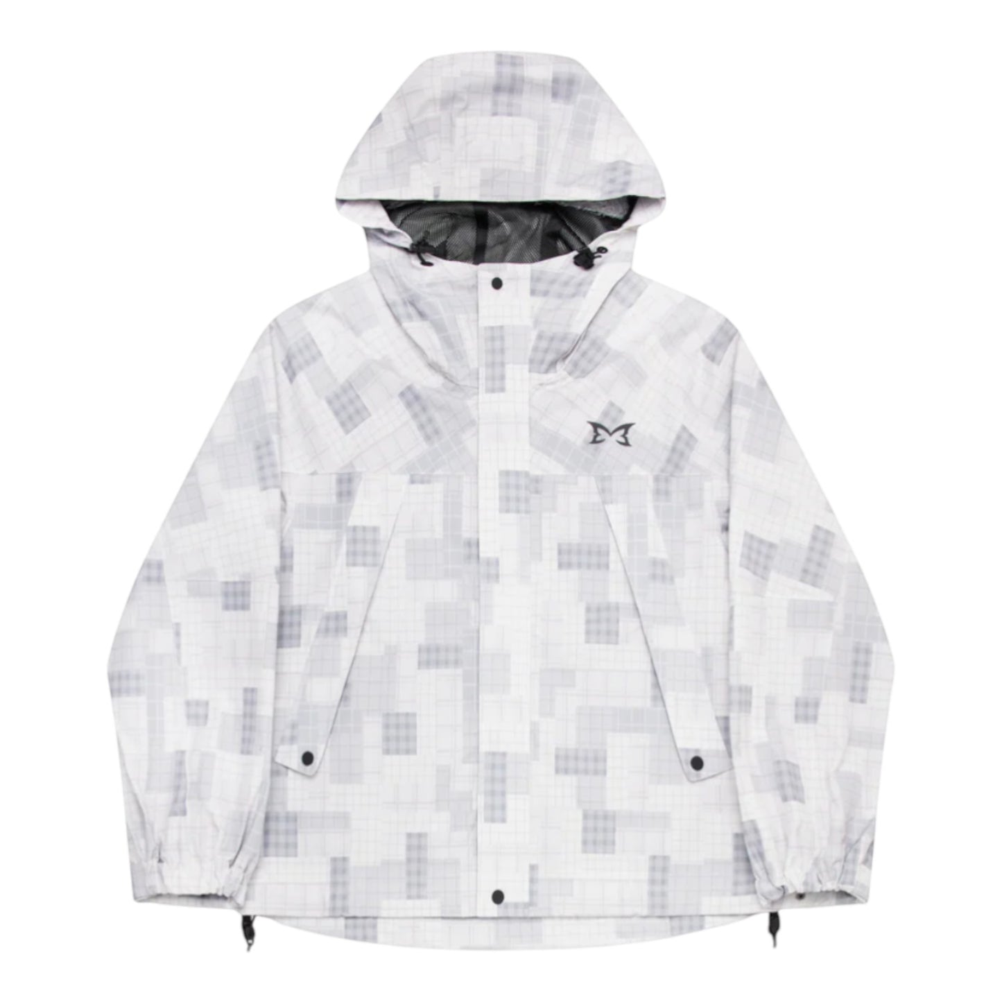 OFFCODE.USA Patchwork Plaid Jacket with hood, waterproof polyester shell, mesh lining, and waist toggles.