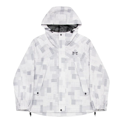 OFFCODE.USA Patchwork Plaid Jacket with hood, waterproof polyester shell, mesh lining, and waist toggles.