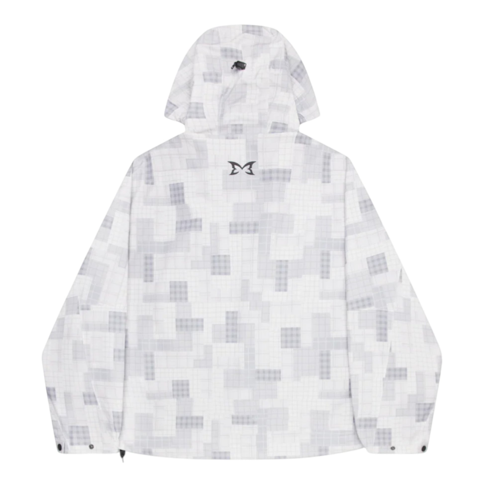 OFFCODE.USA Patchwork Plaid Jacket with hood, waterproof polyester shell, mesh lining, and waist toggles.