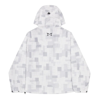 OFFCODE.USA Patchwork Plaid Jacket with hood, waterproof polyester shell, mesh lining, and waist toggles.