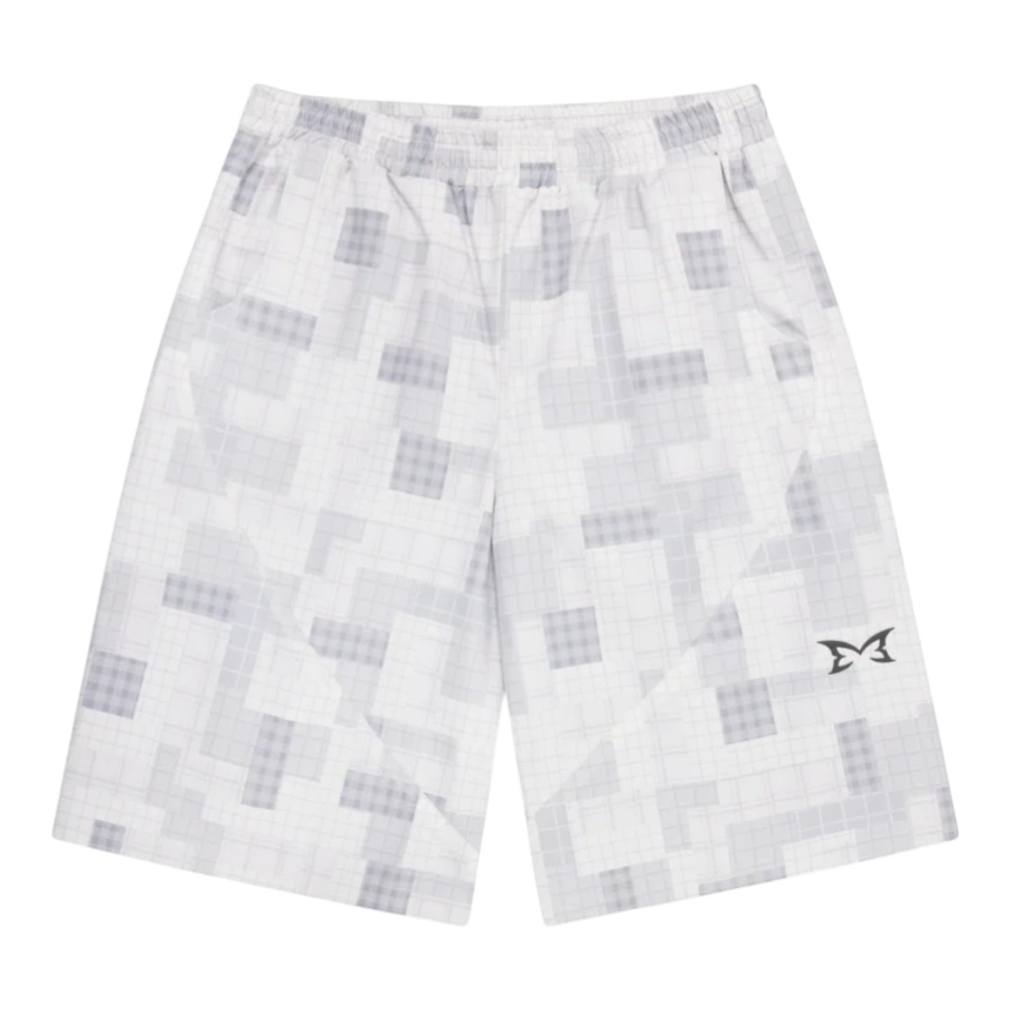 OFFCODE.USA white and grey patchwork plaid waterproof polyester shorts with mesh lining and wide leg fit.