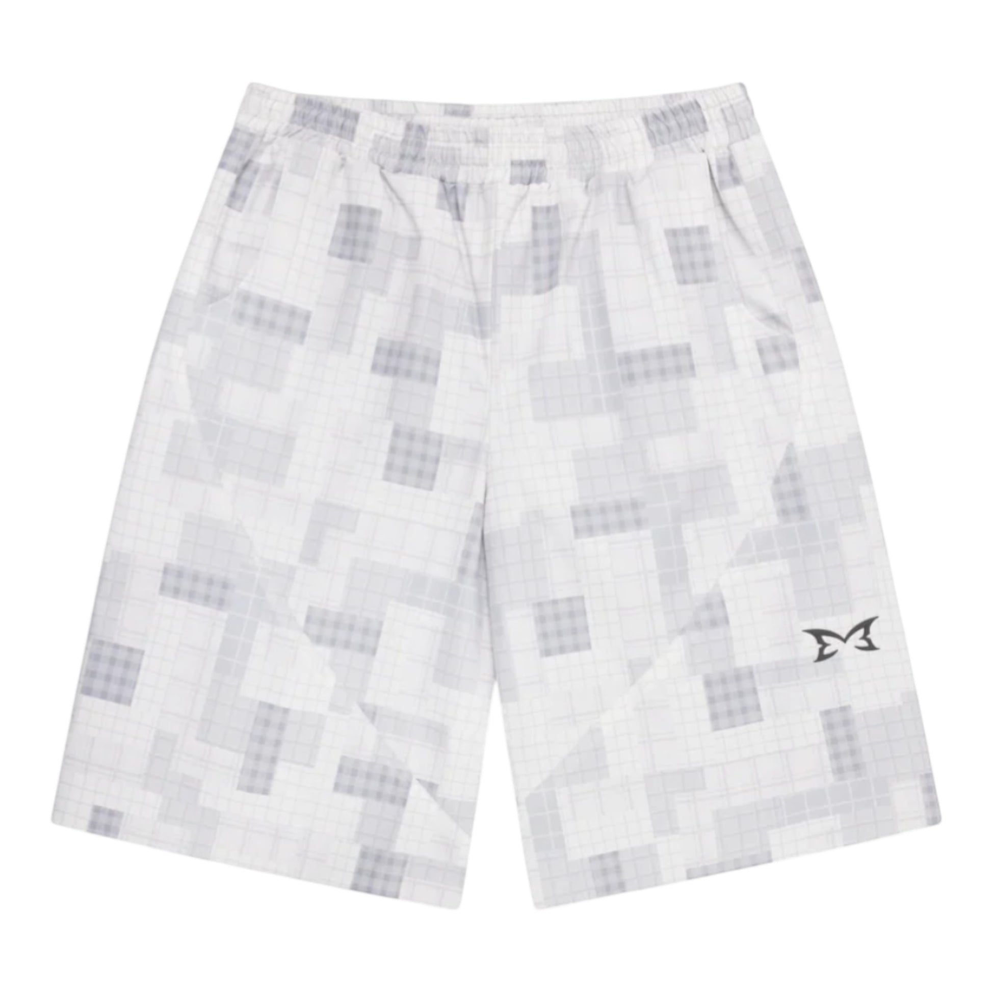 OFFCODE.USA white and grey patchwork plaid waterproof polyester shorts with mesh lining and wide leg fit.