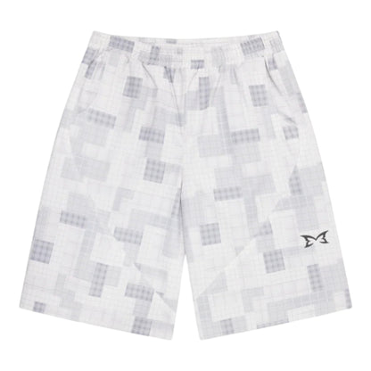 OFFCODE.USA white and grey patchwork plaid waterproof polyester shorts with mesh lining and wide leg fit.