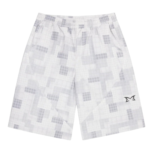 OFFCODE.USA white and grey patchwork plaid waterproof polyester shorts with mesh lining and wide leg fit.