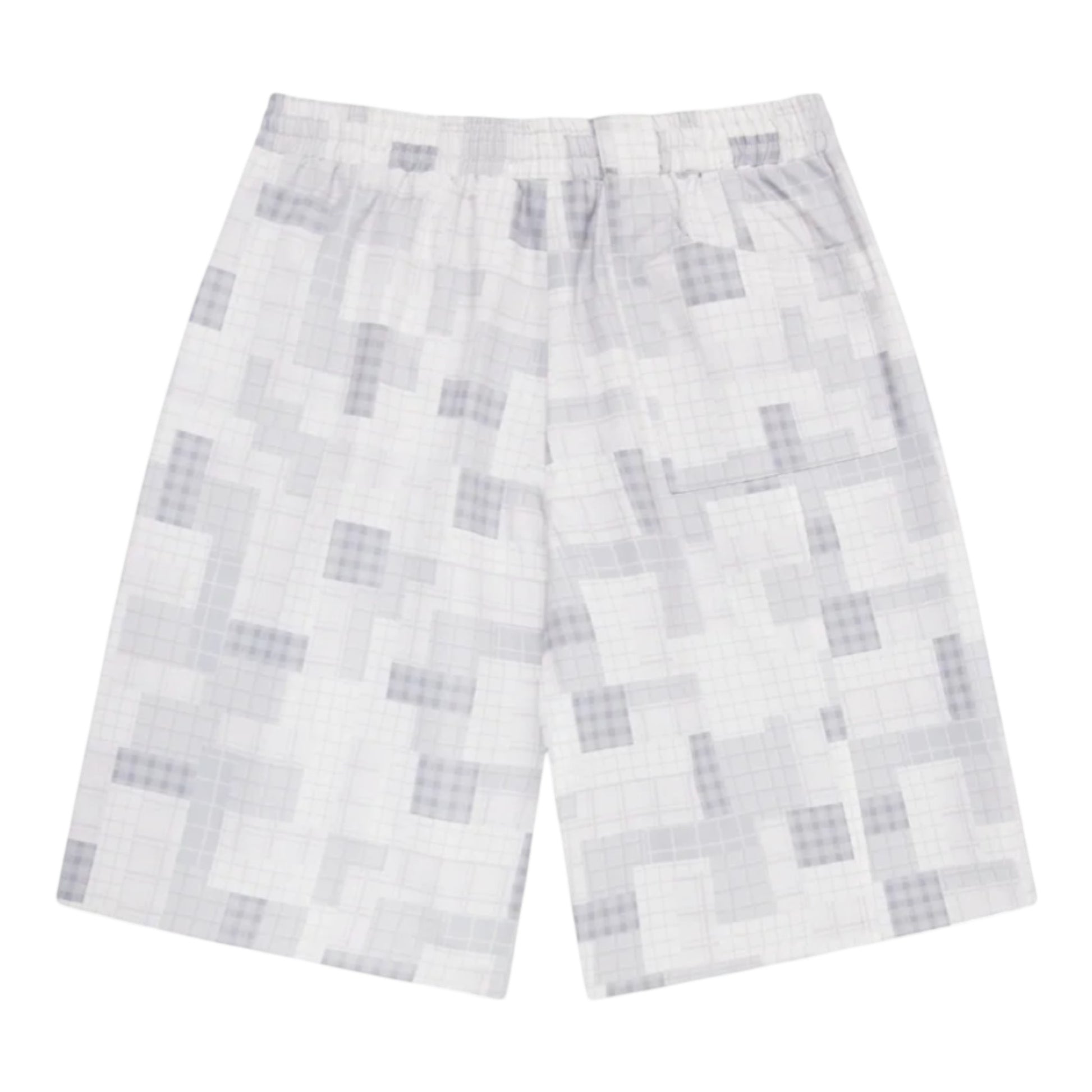 OFFCODE.USA white and grey patchwork plaid waterproof polyester shorts with mesh lining and wide leg fit.