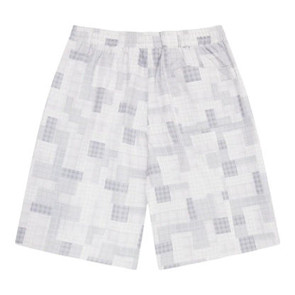 OFFCODE.USA white and grey patchwork plaid waterproof polyester shorts with mesh lining and wide leg fit.