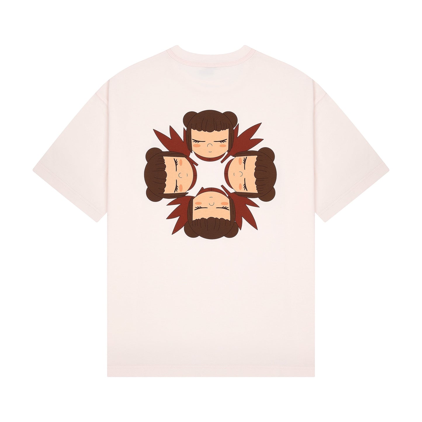 OFFCODE.USA pink 100% cotton t-shirt with graphic print of four faces arranged in a circle on the back.