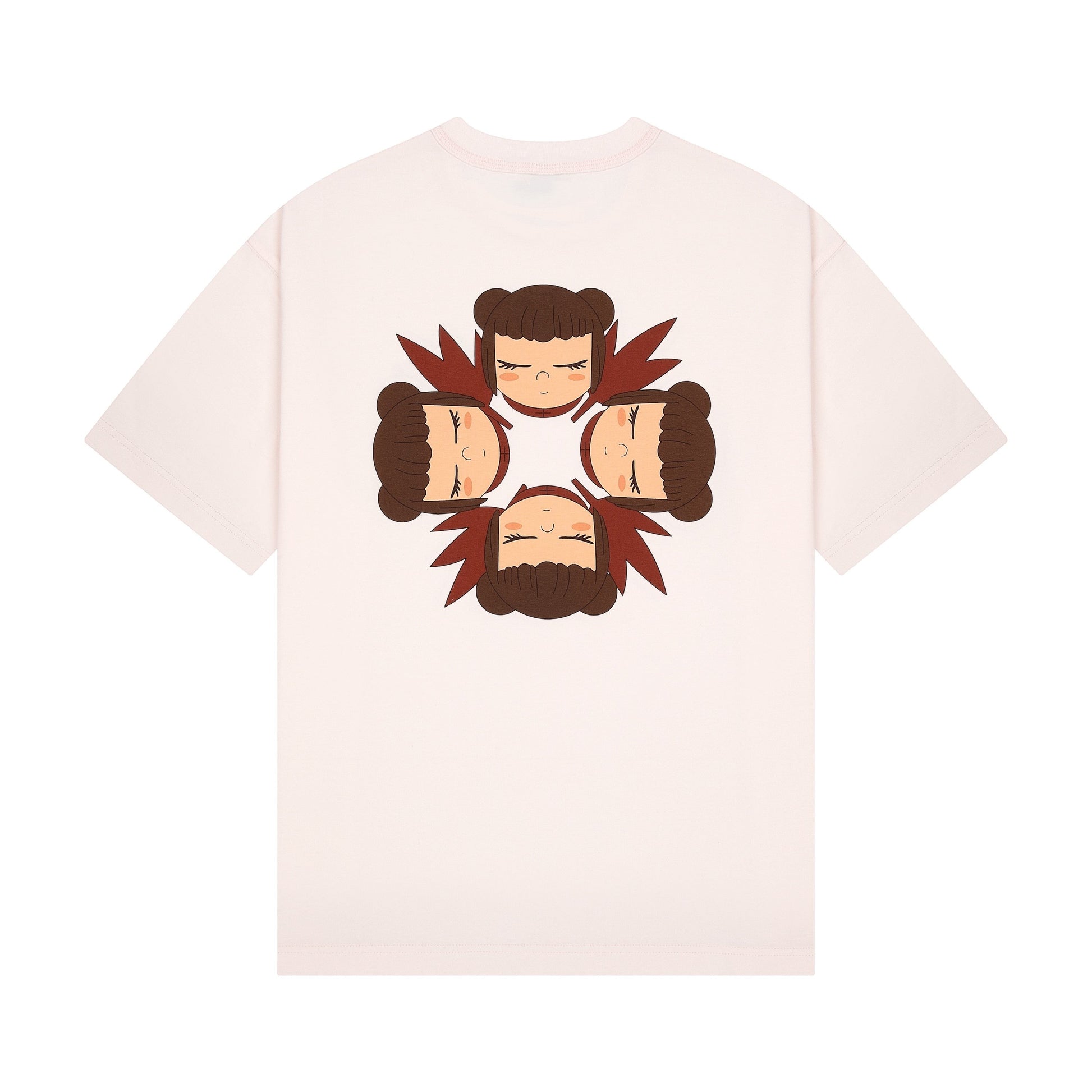 OFFCODE.USA pink 100% cotton t-shirt with graphic print of four faces arranged in a circle on the back.