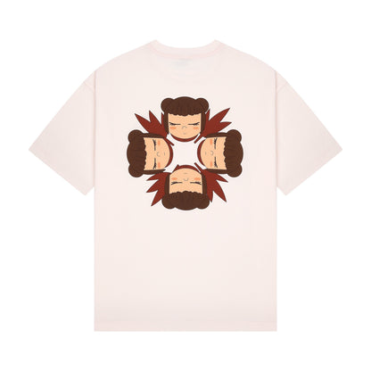 OFFCODE.USA pink 100% cotton t-shirt with graphic print of four faces arranged in a circle on the back.