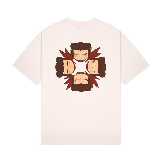 OFFCODE.USA pink 100% cotton t-shirt with graphic print of four faces arranged in a circle on the back.