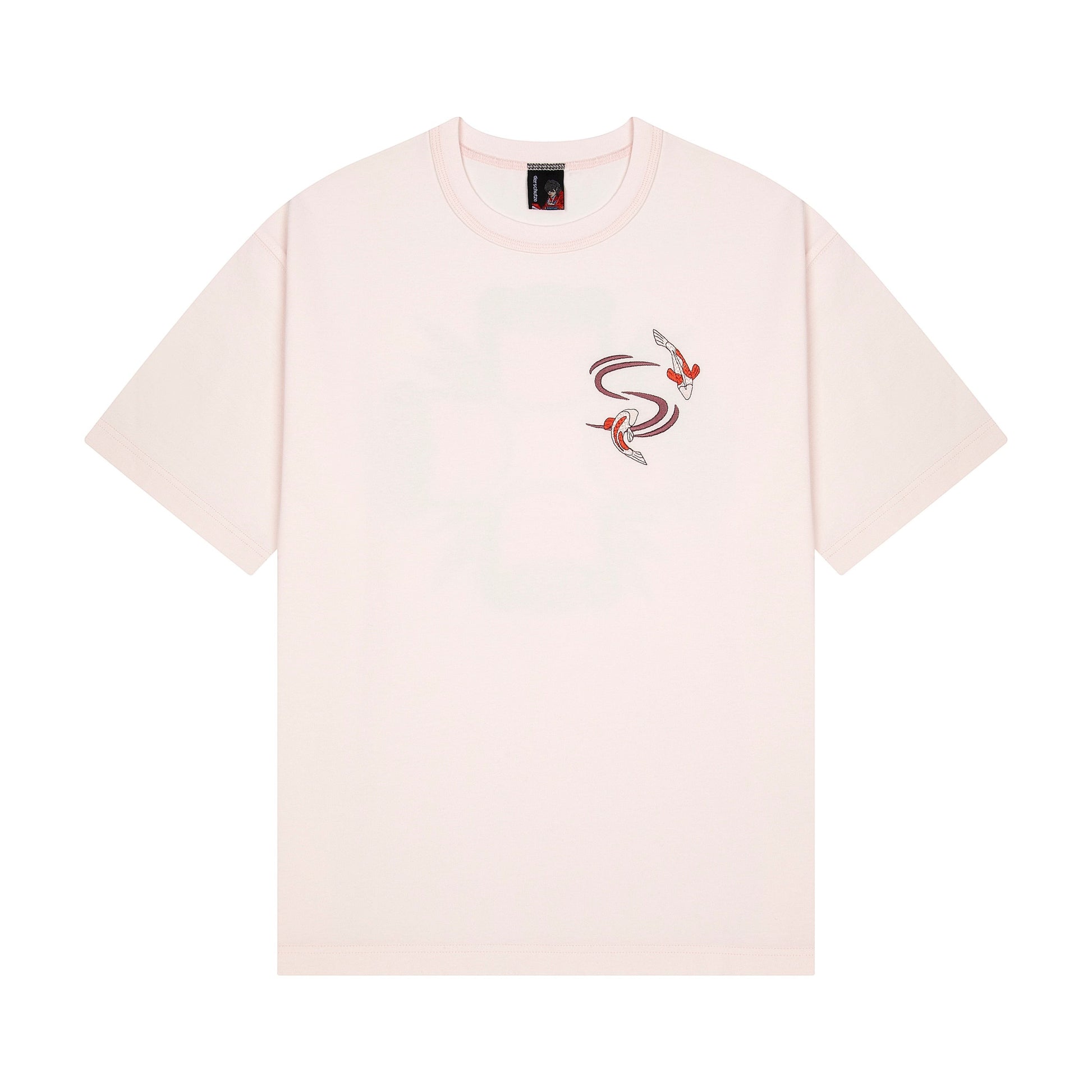 OFFCODE.USA pink 100% cotton t-shirt with embroidered koi fish design on the front and print on the back.