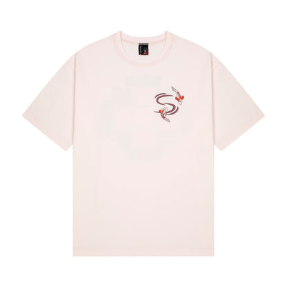 OFFCODE.USA pink 100% cotton t-shirt with embroidered koi fish design on the front and print on the back.