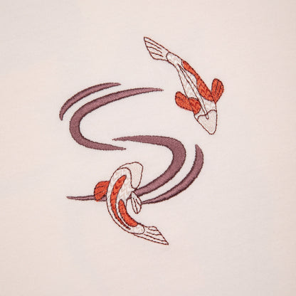 OFFCODE.USA pink 100% cotton t-shirt with embroidered koi fish design on front and print on back.