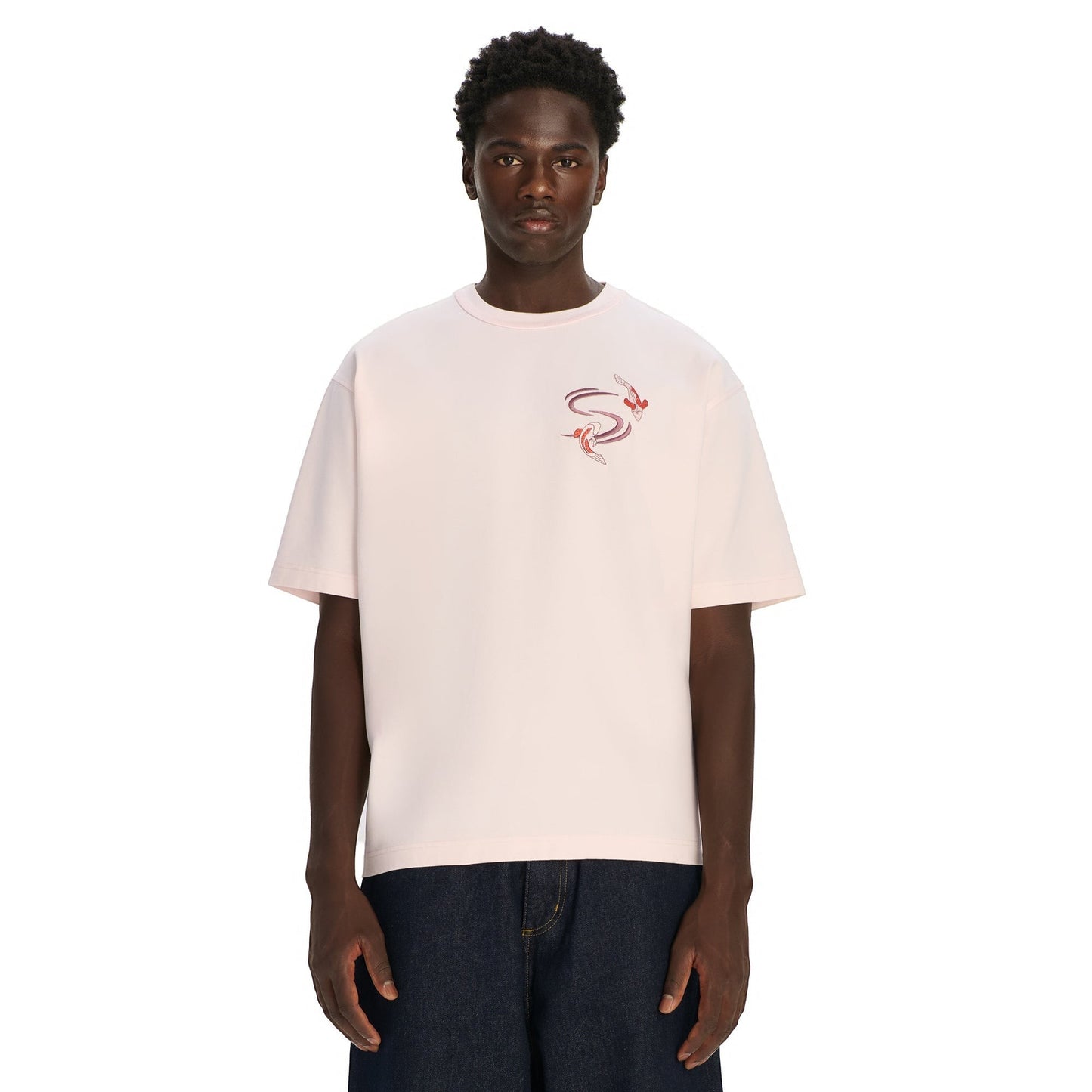 OFFCODE.USA pink 100% cotton t-shirt with koi embroidery on the front and print on the back. Model wears size L.