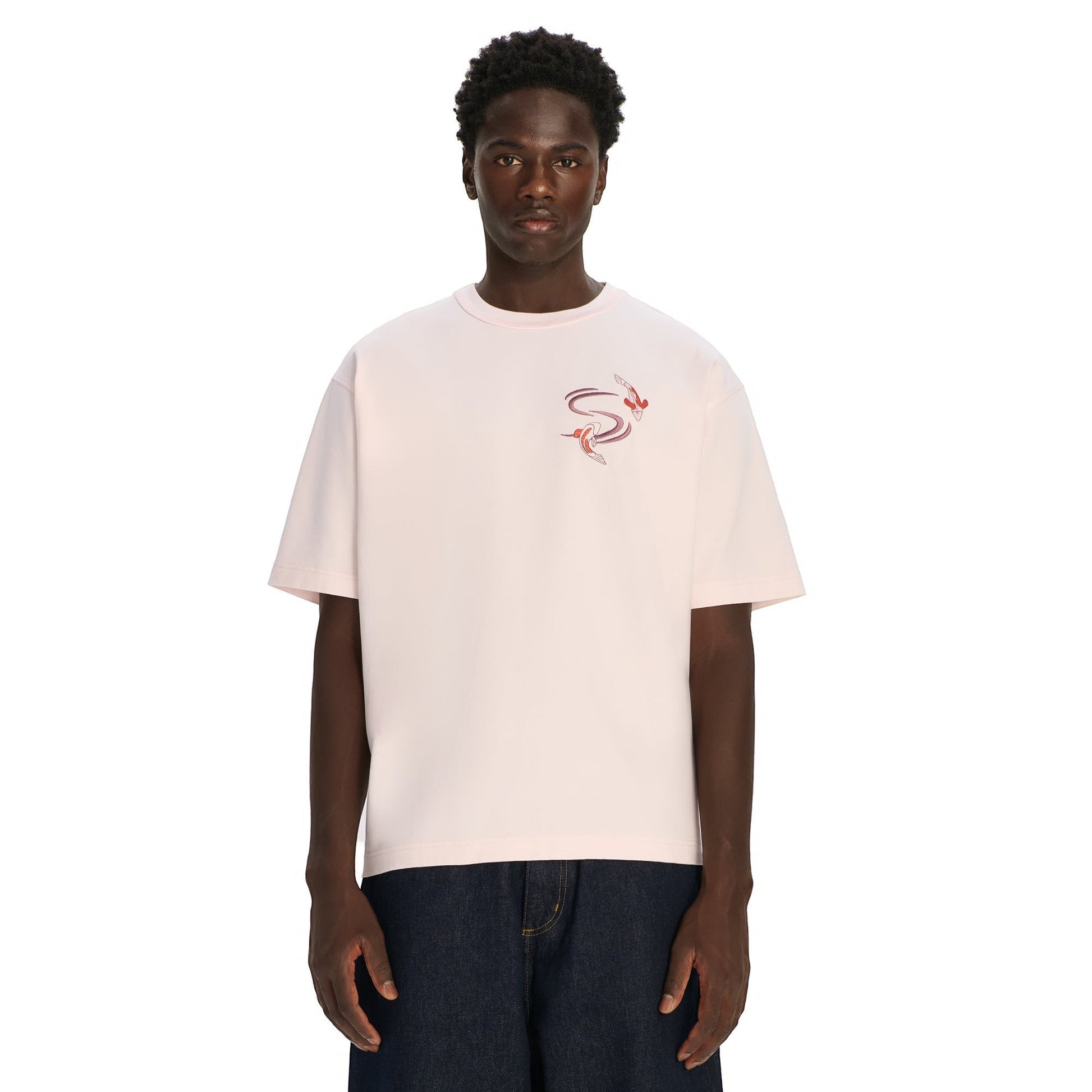 OFFCODE.USA pink 100% cotton t-shirt with koi embroidery on the front and print on the back. Model wears size L.