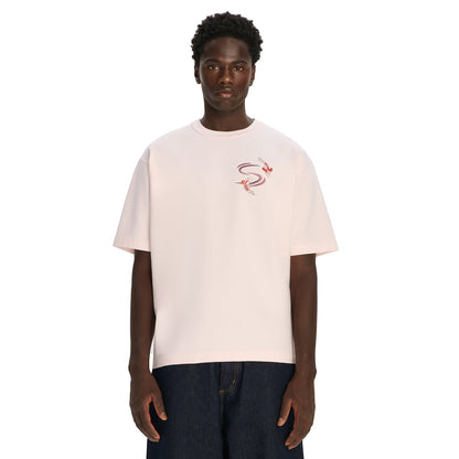 OFFCODE.USA pink 100% cotton t-shirt with koi embroidery on the front and print on the back. Model wears size L.