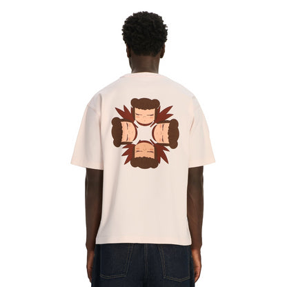 OFFCODE.USA pink 100% cotton t-shirt with graphic print of four faces on back. Model wears size L.