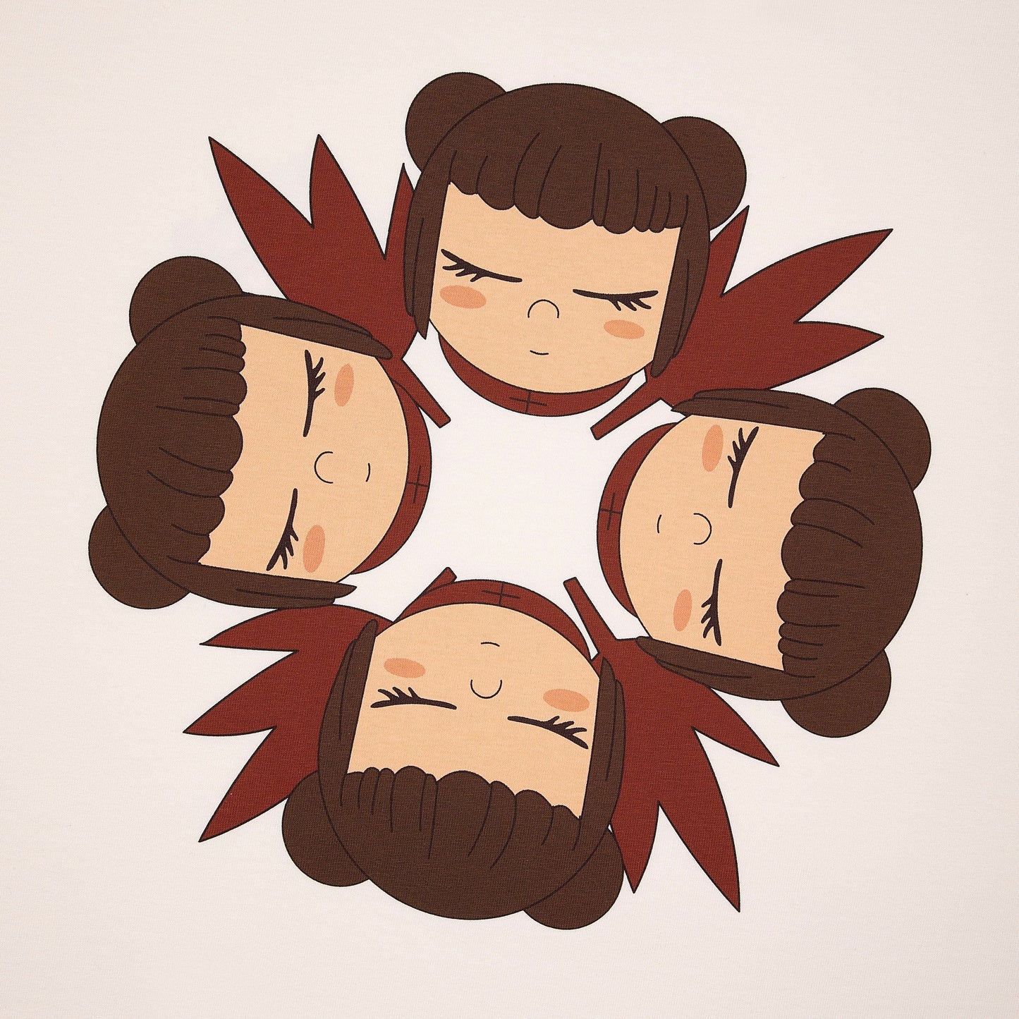 OFFCODE.USA pink t-shirt with a circular graphic print of four cartoon faces with closed eyes and brown hair buns.