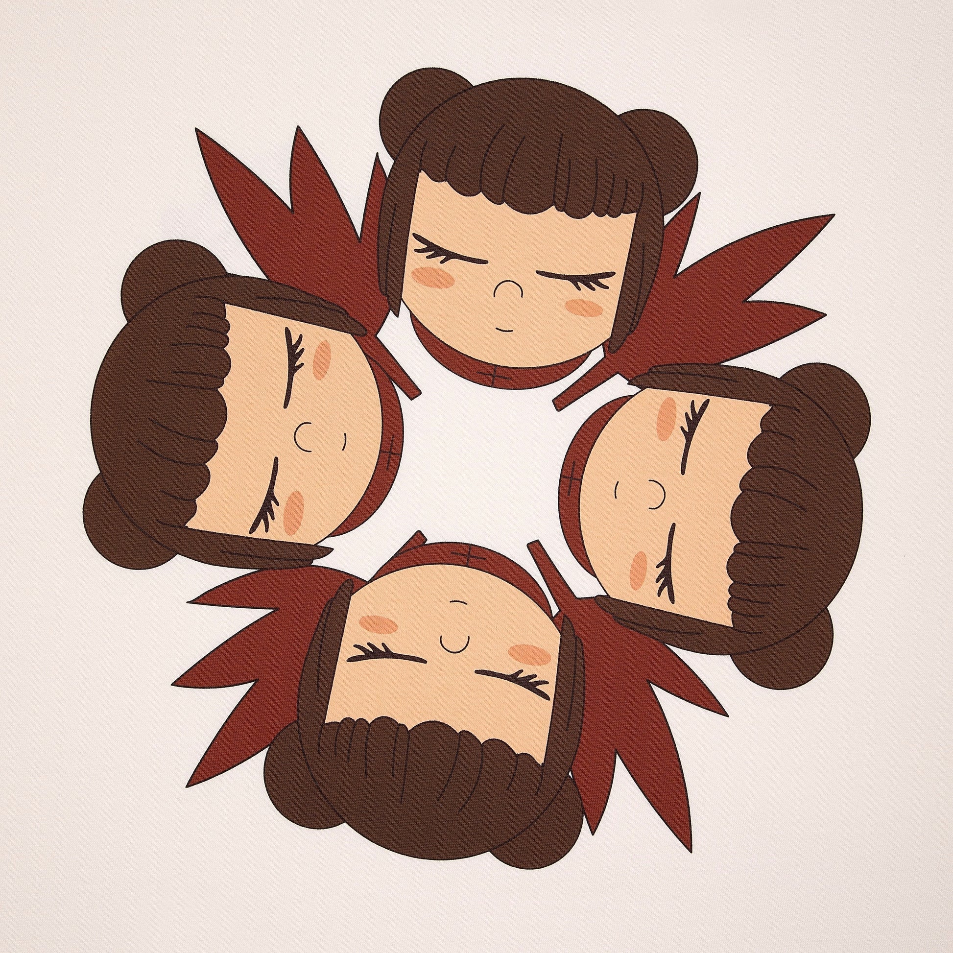 OFFCODE.USA pink t-shirt with a circular graphic print of four cartoon faces with closed eyes and brown hair buns.