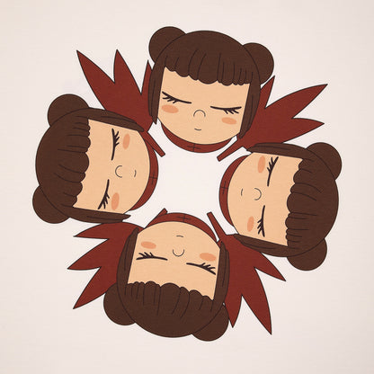 OFFCODE.USA pink t-shirt with a circular graphic print of four cartoon faces with closed eyes and brown hair buns.