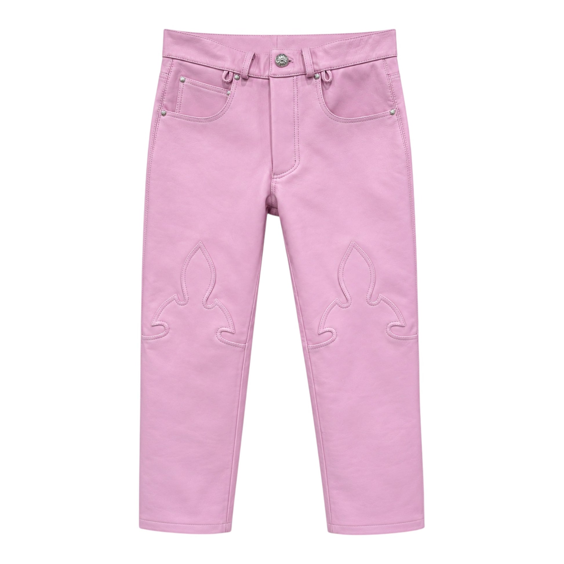 OFFCODE.USA pink leather pants featuring decorative fleur-de-lis stitching on the knees and silver hardware.