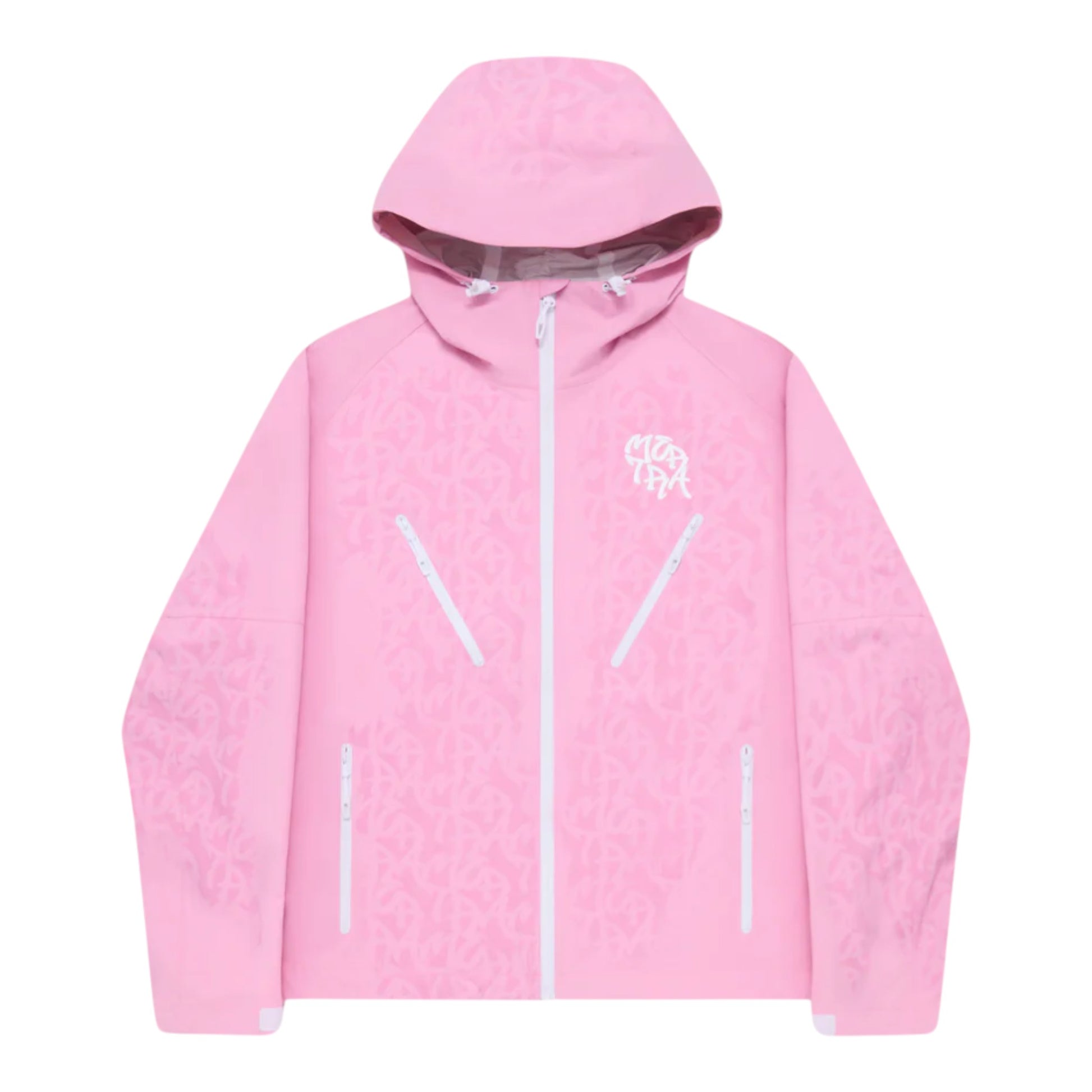OFFCODE.USA pink nylon taslan shell jacket with water sensitive monogram pattern and white zipper details.