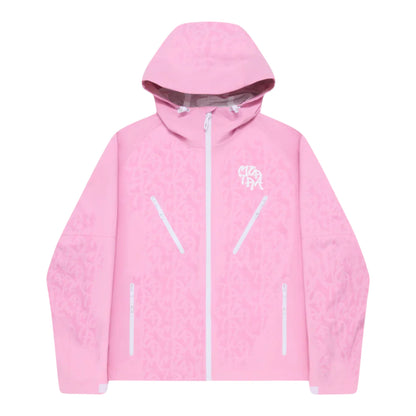 OFFCODE.USA pink nylon taslan shell jacket with water sensitive monogram pattern and white zipper details.